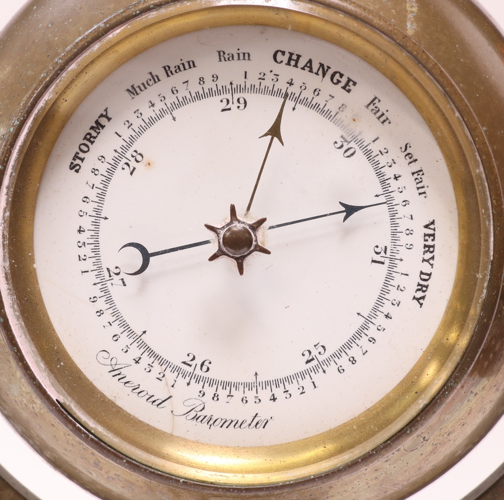 A 19th Century desk clock barometer, the top set a compass with 7cm enamelled dial, Roman - Image 7 of 7