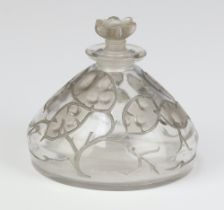 A Lalique Lunaria circular tapered glass scent bottle with moulded leaf decoration, the base