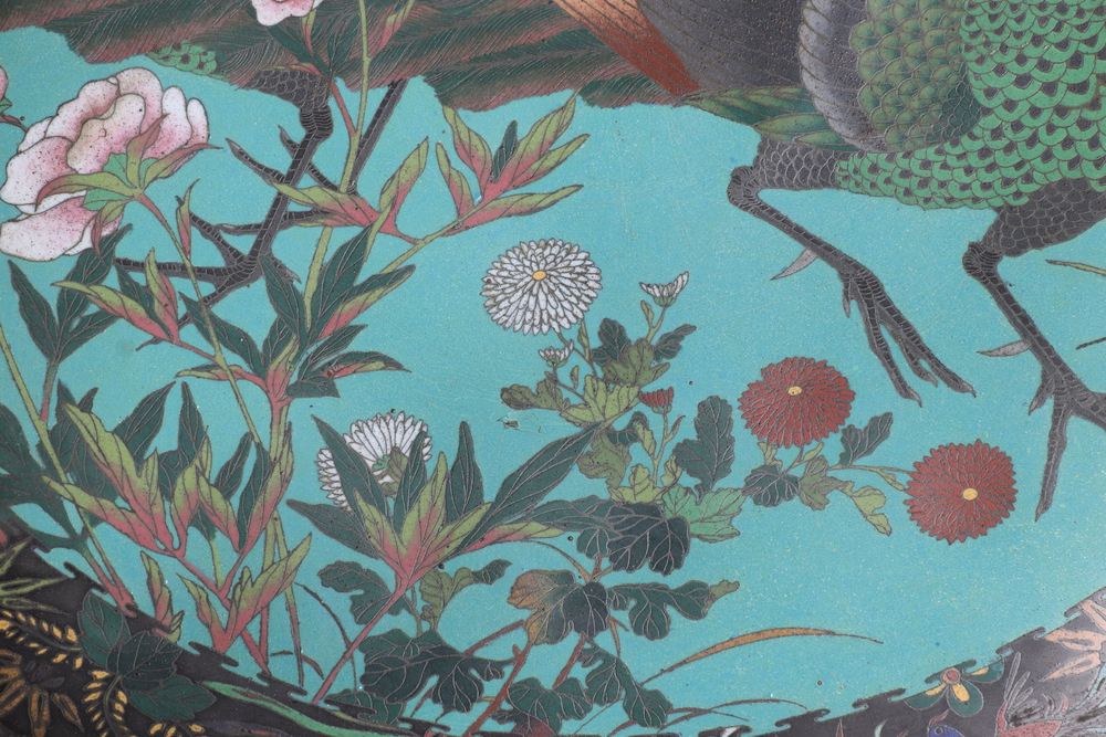 A 19th Century Japanese blue and black ground cloisonne enamelled charger decorated fabulous birds - Image 4 of 12