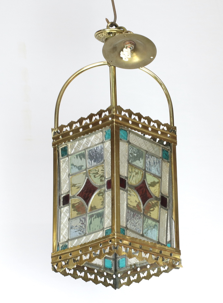 A Victorian gilt metal and lead glazed glass, rectangular shaped, hanging lantern 49cm h x 16cm