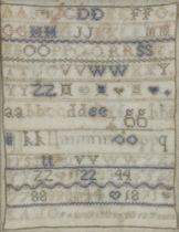 A 19th Century sampler of upper and lower case alphabet and numbers by S A J Greenfold Aged 12 years
