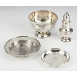 An Edwardian silver bowl Birmingham 1906 9cm, 2 dishes and a weighted pepperette. Gross weight 255