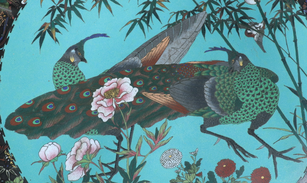 A 19th Century Japanese blue and black ground cloisonne enamelled charger decorated fabulous birds - Image 9 of 12