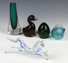 A Studio Glass figure of a horse 27cm, a ditto vase, duck, paperweight and squat scent bottle