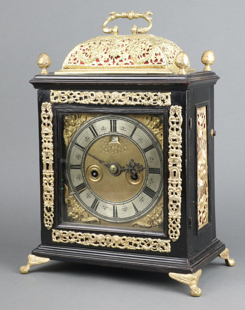 A 17th/18th Century double fusee, striking on bell bracket clock, the 17cm square gilt dial with