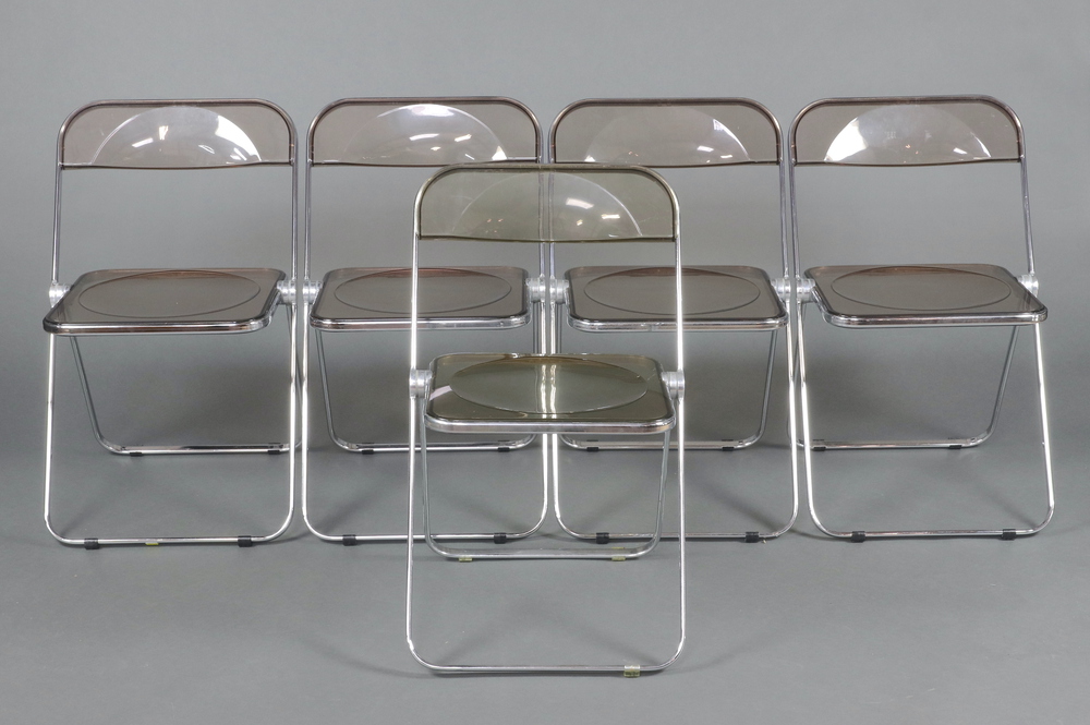 Giancarlo Piretti for Anonima Castelli, a set of 5 Italian Plia chrome and perspex folding chairs,