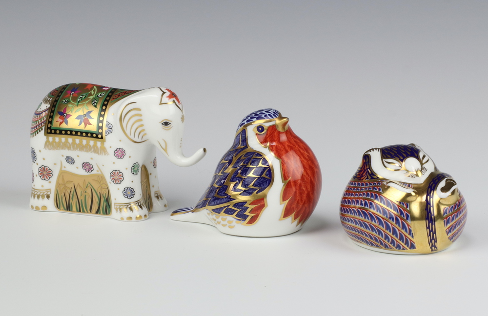 Three Royal Crown Derby Imari pattern paperweights - rodent with gold stopper base marked LIV 7cm,