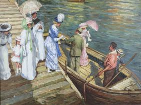 After E Phillips Fox, 20th Century oil on canvas unsigned "The Ferry" of Edwardian people boarding a