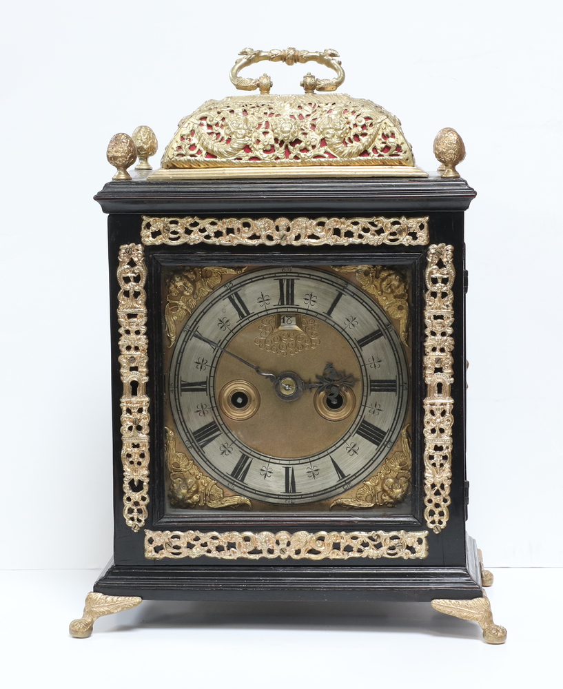 A 17th/18th Century double fusee, striking on bell bracket clock, the 17cm square gilt dial with - Image 2 of 7