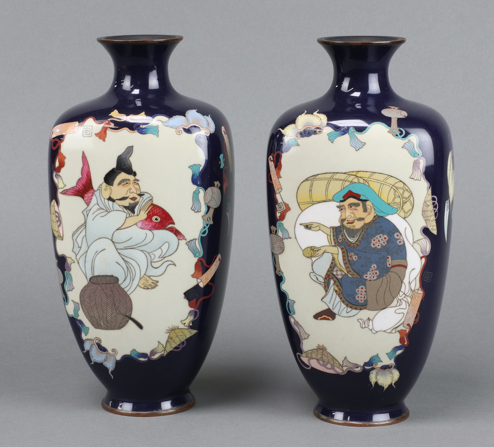 A pair of square Japanese black ground and floral patterned cloisonne enamelled vases decorated