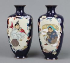 A pair of square Japanese black ground and floral patterned cloisonne enamelled vases decorated