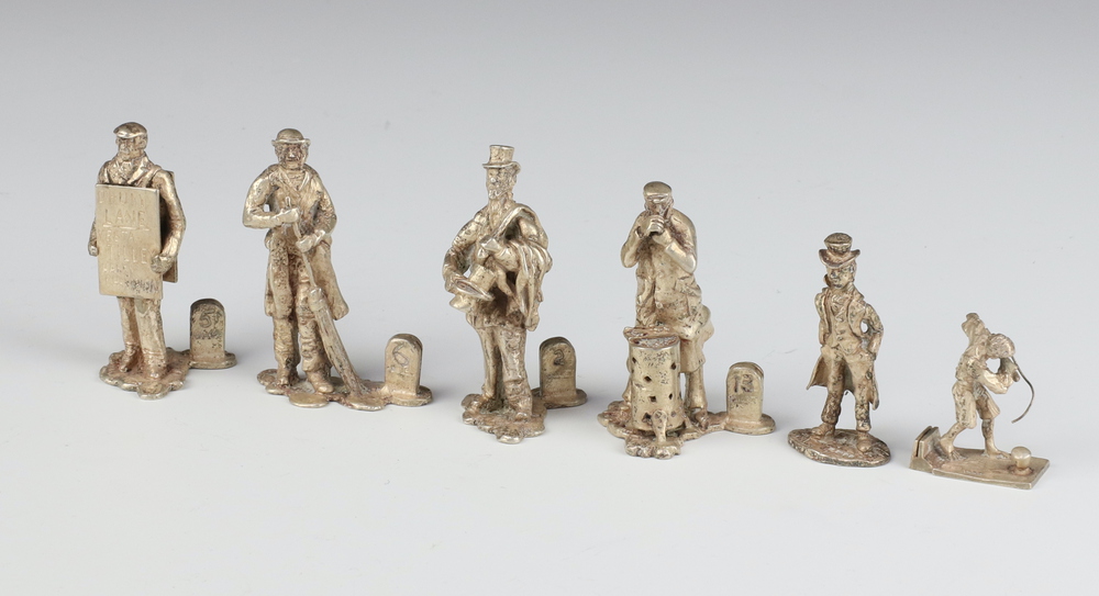 A set of 6 cast silver menu holders in the form of street vendors, maker Thomas Charles Jarvis,