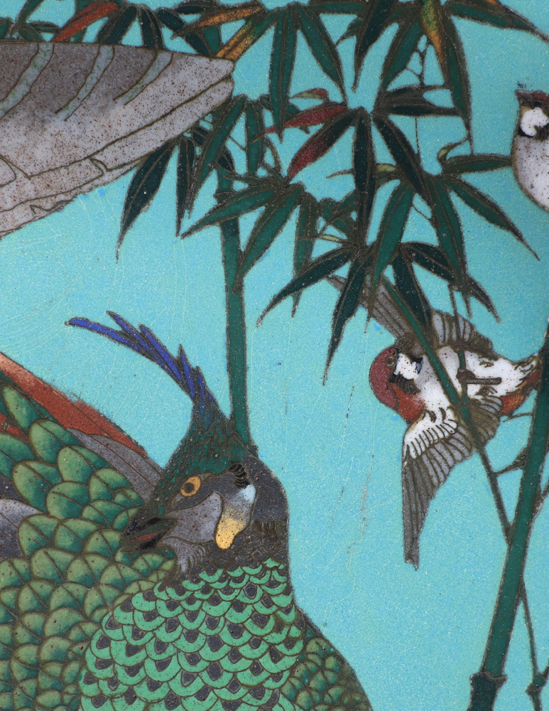 A 19th Century Japanese blue and black ground cloisonne enamelled charger decorated fabulous birds - Image 7 of 12
