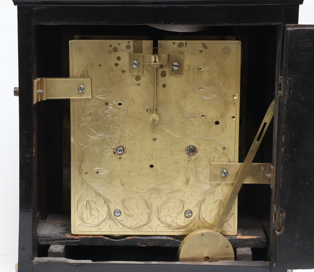 A 17th/18th Century double fusee, striking on bell bracket clock, the 17cm square gilt dial with - Image 6 of 7
