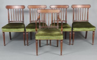 A set of 5 19th Century mahogany stick and bar back dining chairs with over stuffed seats - carver