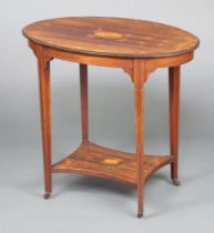 An Edwardian oval inlaid rosewood 2 tier occasional table, raised on square tapered supports with