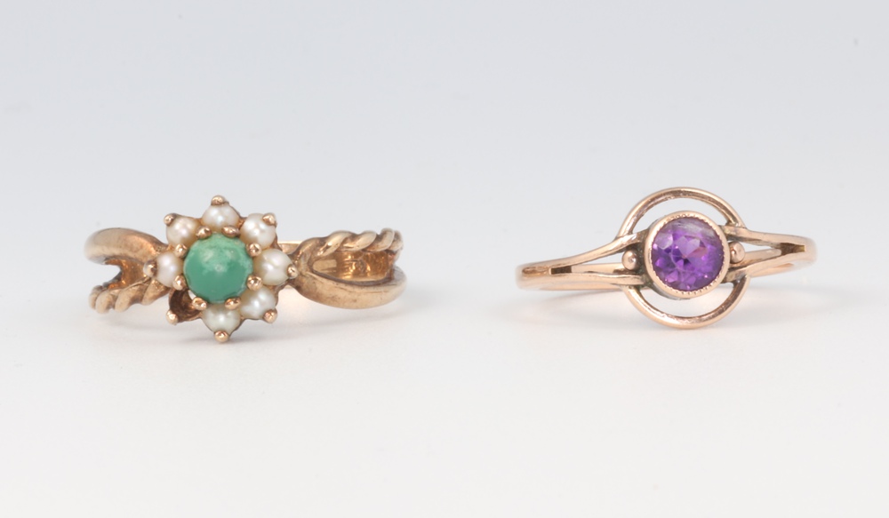 A 9ct yellow gold amethyst ring and a ditto set turquoise and seed pearls 3.6 grams, size I and N