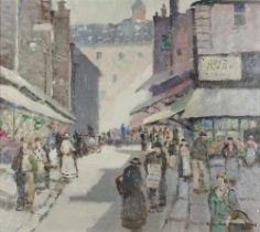 Reginald F Knowles Drew (1878-1983) oil on canvas dated 1936, figures in a busy street scene 39cm