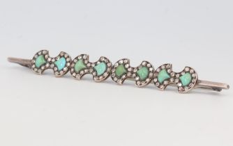 An Edwardian yellow and white metal bar brooch set with turquoise and mine cut diamonds 7.9 grams,