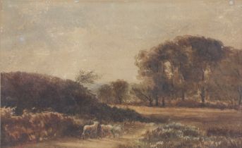 19th Century watercolour indistinctly signed, sheep in a country landscape 21cm x 34cm This