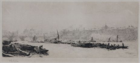 William Lionel Wyllie (1851-1931), etching signed in pencil, view of The Thames 14cm x 31cm