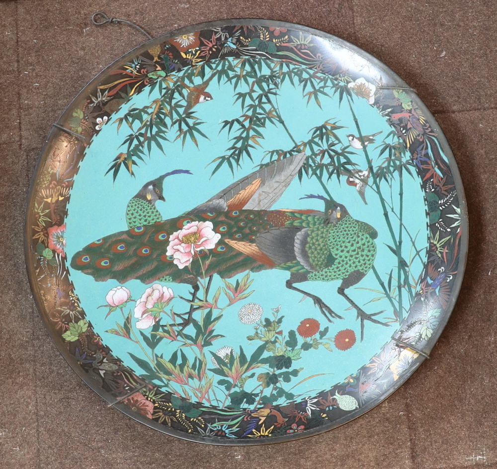 A 19th Century Japanese blue and black ground cloisonne enamelled charger decorated fabulous birds - Image 2 of 12