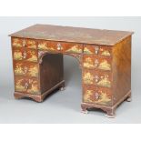 A 1930's chinoiserie style walnut and lacquered dressing table fitted 1 long drawer and 6 short