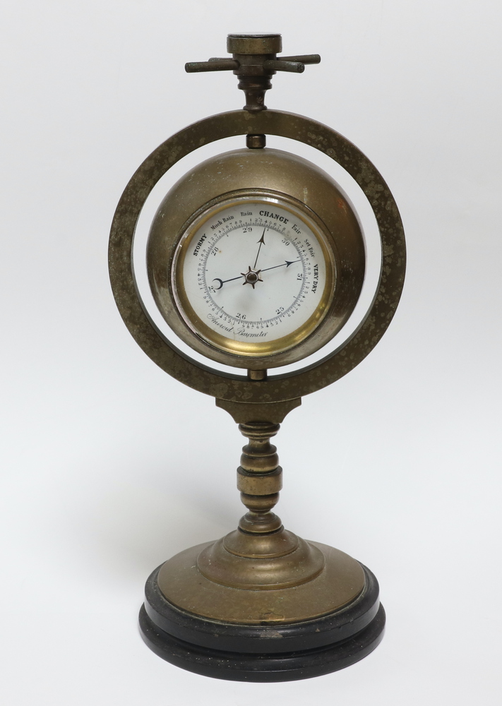 A 19th Century desk clock barometer, the top set a compass with 7cm enamelled dial, Roman - Image 3 of 7