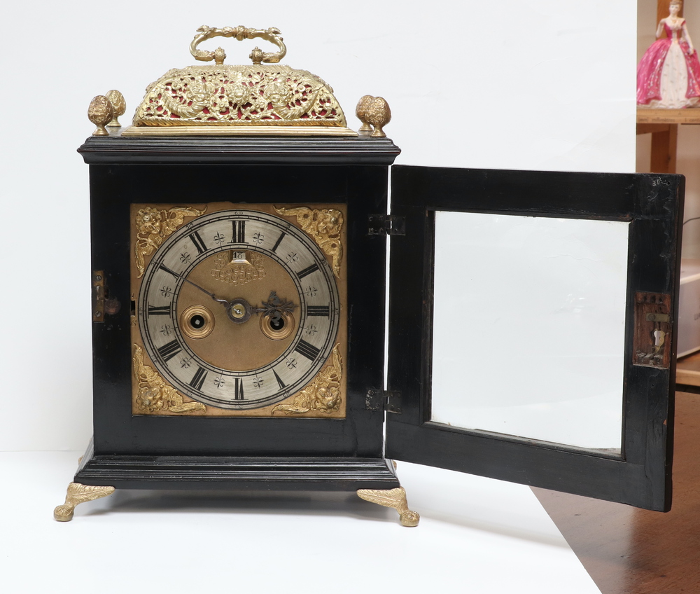 A 17th/18th Century double fusee, striking on bell bracket clock, the 17cm square gilt dial with - Image 7 of 7