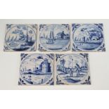 Five 18th/19th Century Delft pottery tiles 13cm x 13cm