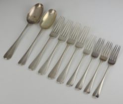 Two silver Old English rat tail pattern dessert spoons London 1919 and 1924, 4 ditto table forks