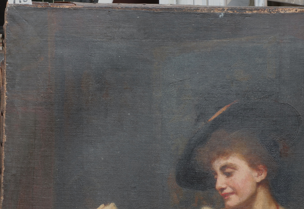 Oil painting on canvas, a Victorian portrait of a lady reading to a wolfhound, unframed and unsigned - Image 7 of 11