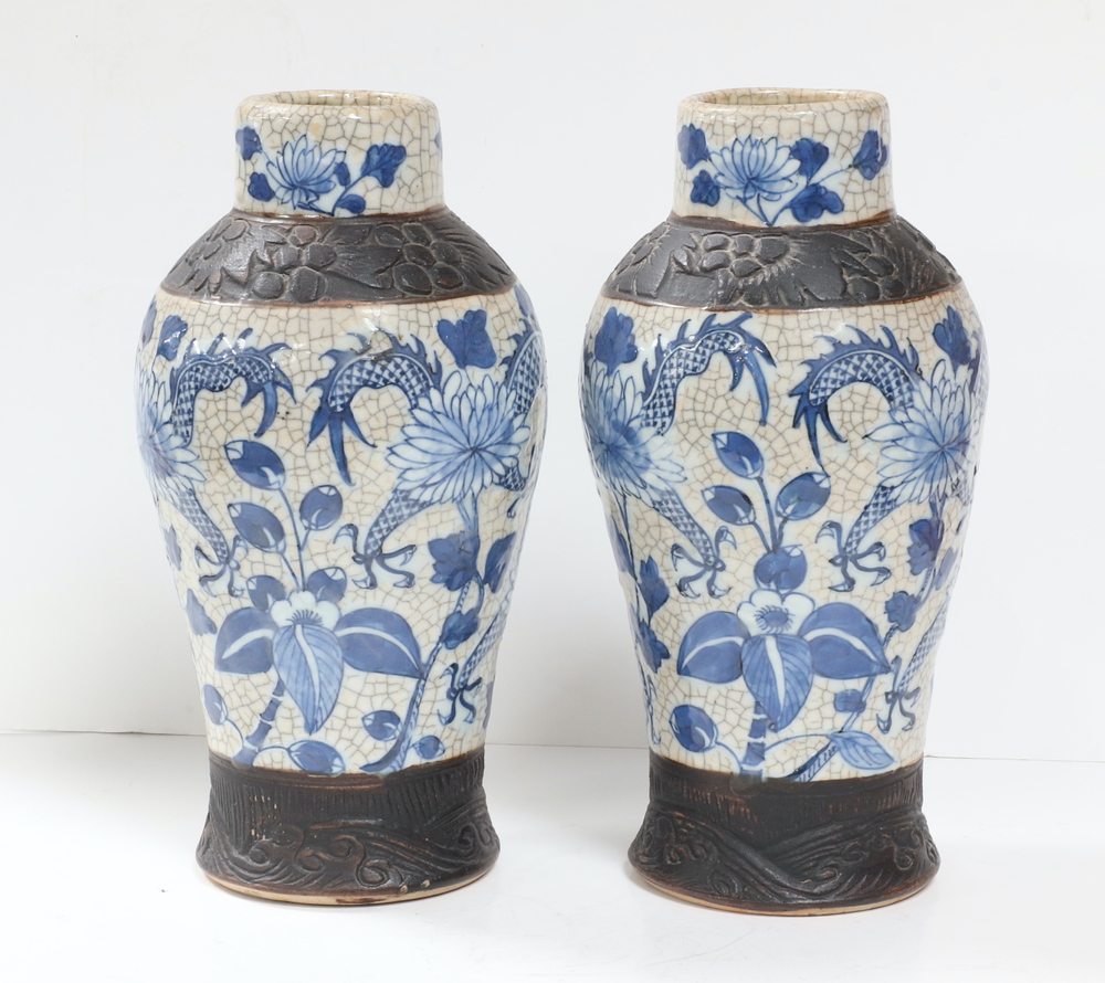 A pair of Japanese crackle glazed vases decorated dragons 25cm - Image 4 of 7