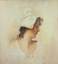 Early 19th Century oil on panel, side profile portrait of a young lady wearing a bonnet, monogrammed