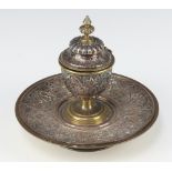 An Elkingtons style silver plated pedestal inkwell raised on a circular foot 16cm Most of the
