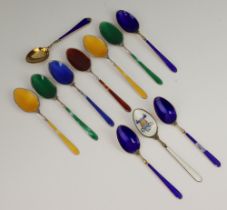 Five silver and enamelled coffee spoons Birmingham 1994 (damage to enamel), together with 6