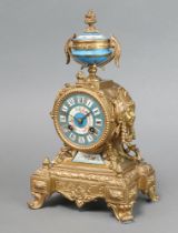 A 19th Century French 8 day striking mantel clock with blue and floral patterned porcelain dial