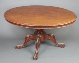 A Victorian oval Loo table, raised on a turned column and tripod base 136cm w x 101cm d Contact