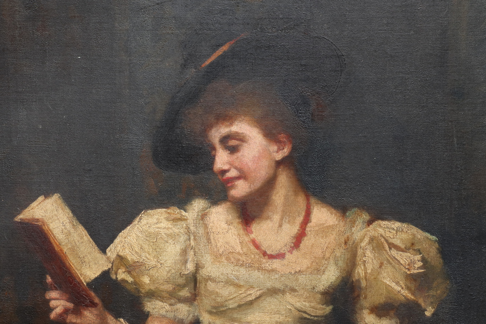 Oil painting on canvas, a Victorian portrait of a lady reading to a wolfhound, unframed and unsigned - Image 3 of 11