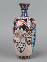 A 19th/20th Century black ground cloisonne club shaped vase with panelled decoration 29cm Top