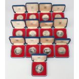 Thirteen 1970's proof silver coins and commemorative crowns, each weighing 28.276grams, all cased