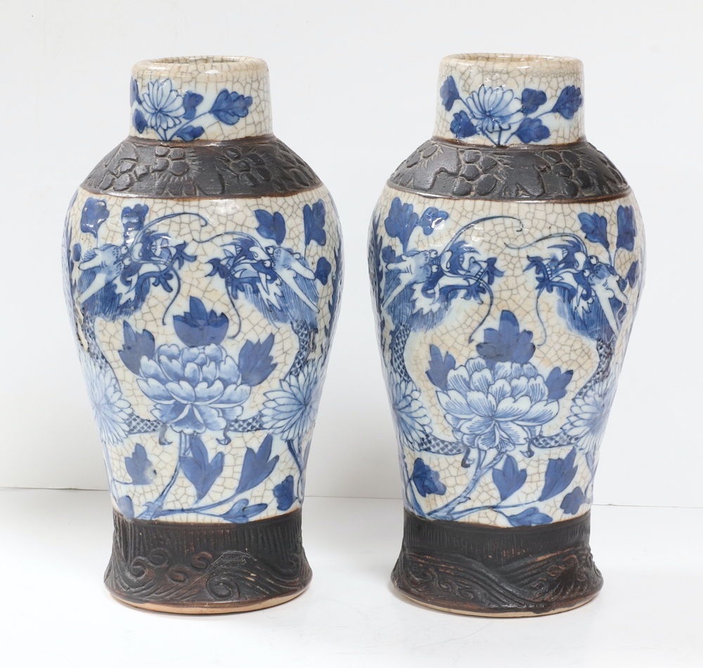 A pair of Japanese crackle glazed vases decorated dragons 25cm - Image 2 of 7