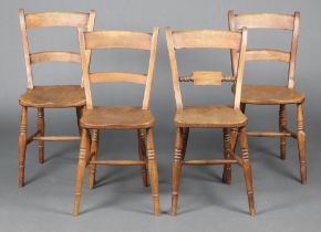 A harlequin set of 4 19th Century elm and beech Windsor bar back chairs with ring turned supports