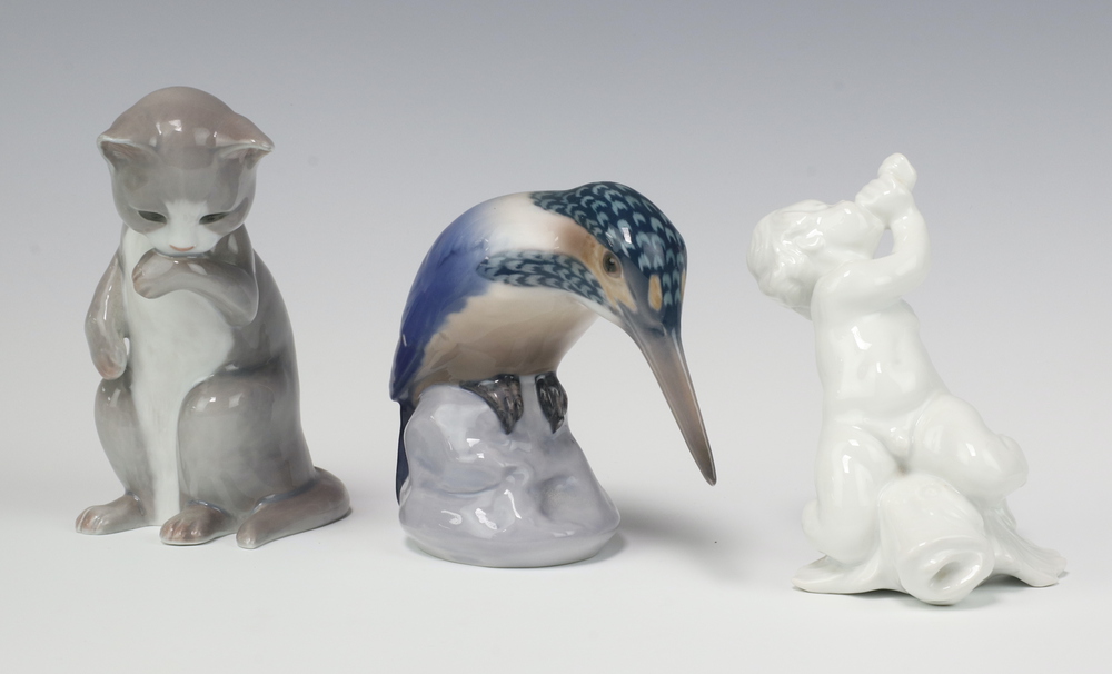 A Royal Copenhagen figure of a cat 576 12cm, a Danish B and G figure of a Kingfisher 1885 11cm and 1