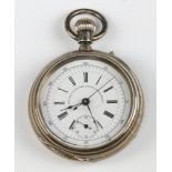Thomas Russell and Son, a keyless lever chronograph pocket watch with enamelled dial, Roman