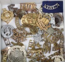 A collection of metal shoulder titles, cap badges