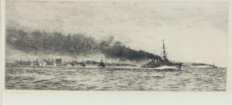 William Lionel Wyllie (British 1851-1931), etching depicting a flotilla of battle ships, signed W