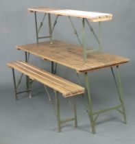 A military issue rectangular folding oak and iron trestle mess table marked Officer's Mess 79cm h