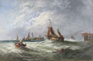 Edwin Hayes (British 1820-1904), oil on board, ships in a squall off a small pier, signed lower left