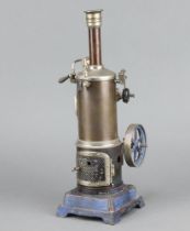 A stationary steam engine complete with burner, raised on a blue and red painted base 37cm x 11cm